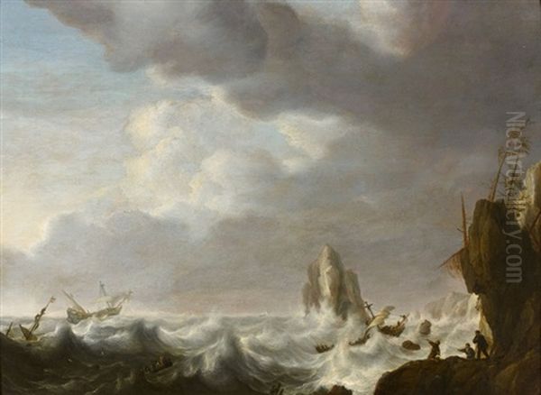 Navires Dans La Tempete Pres D'une Cote Rocheuse - view 1