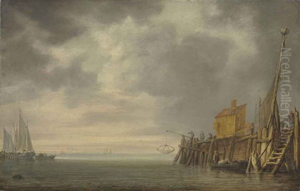 The Entrance To A Harbour With Fishermen Pulling In Their Nets On The Jetty And Vessels At Anchor - view 1