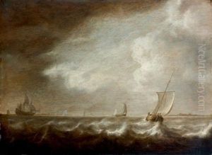 Barques Et Voilier Pres De Cotes by Simon De Vlieger