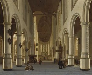 Church Interior With Figures Strolling In The Central Nave