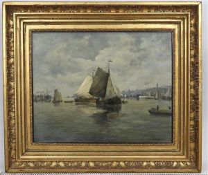 Vissersboten Voor Hollandse Havenstad by Willem van der Vliet