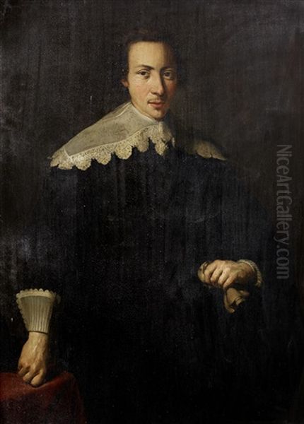 Portrait Of A Gentleman, Three-quarter-length, In Black Costume With A White Lace Collar, Holding Gloves - view 1