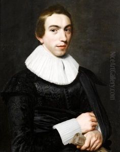 Portrait Of A Gentleman, Aged 18 In A Black Tunic With A White Lace Ruff And Cuffs, Holding A Pair Of Gloves