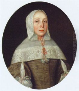Portrait Of A Woman, In A Grey Dress With A White Lace Headdress And Collar With Red And Blue Ribbons