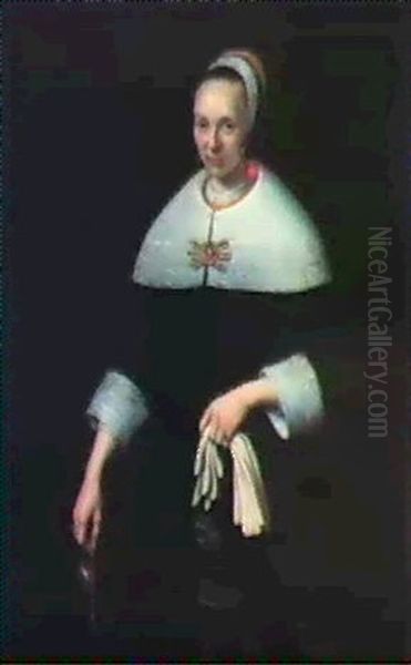 Portrait Of A Lady, Standing Three-quarter Length, Wearing A Black Costume With White Lace Collar And Cuffs, Holding - view 1