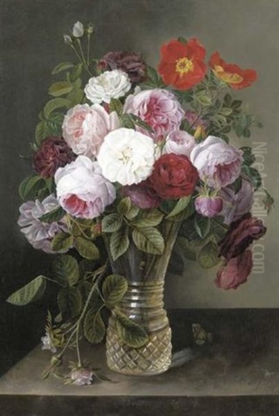 Mixed Roses In A Crystal Vase - view 1