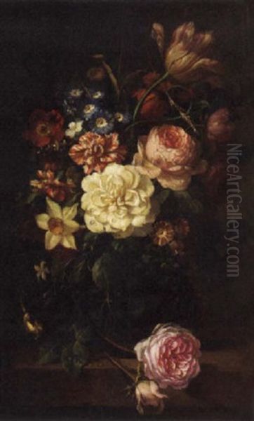 Tulips, Roses, Bluebells, A Daffodil, A Poppy, And Other Flowers In A Vase On A Ledge - view 1
