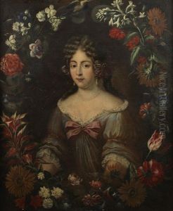 Portrait Of A Lady, Half-length, In A Blue Dress Within A Garland Of Flowers; And Portrait Of A Lady, Half-length, In A Pink Dress Within A Garland Of Flowers (pair)