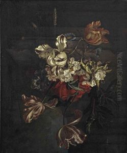 Tulips, Morning Glory, A Rose, A Sprig Of Laurel, Sweet Peas And A Butterfly, All On A Stone Ledge Before A Classical Column