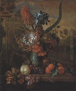 A Torch Lily, Agapanthus, Proteas, Trumpet Vine And Marigolds In A Kraak Porcelain Vase by Karel Borchaert Voet