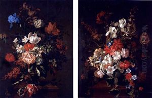 Still Life With Tulips, Irises, Narcissi, Honeysuckle, And Various Other Flowers In An Urn, On A Marble Pedestal