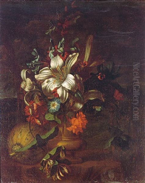 A Still Life Of Lilies, Roses, Convolvulus And Other Flowers In A Stone Urn Beside A Melon, In A Landscape - view 1