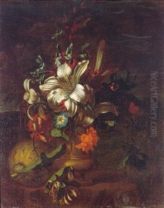A Still Life Of Lilies, Roses, Convolvulus And Other Flowers In A Stone Urn Beside A Melon, In A Landscape