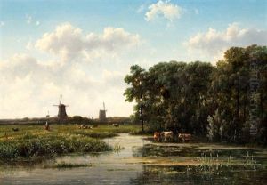 Boerin Met Juk In Een Zomerse Weide Met Koeien En Molens by Johannes Gysbert Vogel the Younger