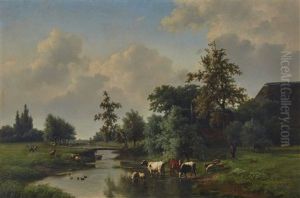 Farm Animals By A Stream by Cornelis Jan de Vogel