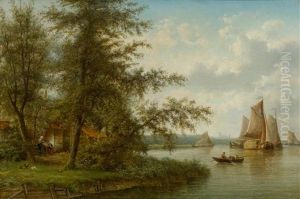 Dutch River Landscape With Figures by Cornelis Jan de Vogel