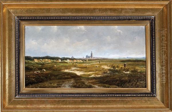 Shepherd Tending His Flock Of Sheep With Distant Village And Cathedral - view 1