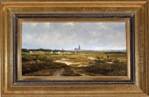 Shepherd Tending His Flock Of Sheep With Distant Village And Cathedral by Cornelis Jan de Vogel
