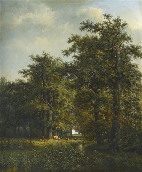 Bosky Landscape With Cattle Grazing By A Stream - view 1