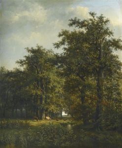 Bosky Landscape With Cattle Grazing By A Stream by Cornelis Jan de Vogel
