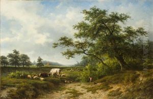 A Landscape With Herder, Cattle And Sheep At Pasture by Cornelis Jan de Vogel