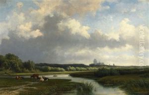 Flusslandschaft Mit Vieh, Im Hintergrund Die Groote Kerk In Dordrecht by Cornelis Jan de Vogel