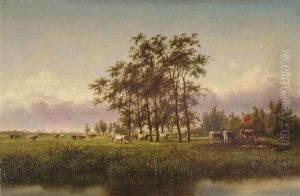 Cows In A Meadow, A Village Beyond by Cornelis Jan de Vogel