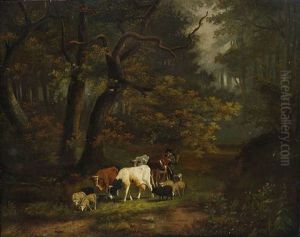 Waldinneres Mit Kleiner Kuh- Und Schafherde by Cornelis Jan de Vogel