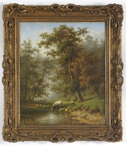Forest Landscape With Stream, Shepherd, Cow And Sheep - view 1