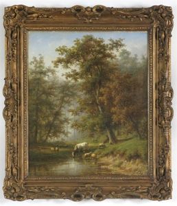 Forest Landscape With Stream, Shepherd, Cow And Sheep by Cornelis Jan de Vogel