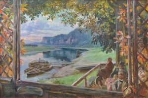 Abendstimmung In Der Gastwirtschaft Rosengarten Bei Rathen (sachsische Schweiz) by Heinrich Max Vogel