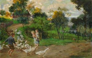 Kinder Mit Ganseschar by Heinrich Max Vogel