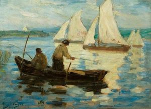 Angler Und Segelboote Auf Einem See Angler Und Segelboote Auf Einem See