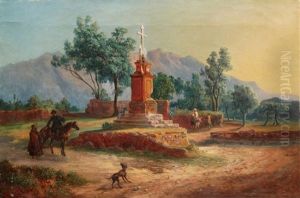 Sizilianische Landschaft Bei Palermo Mit Wegkreuz Und Staffage by Ludwig Vogel
