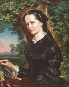 Portrat Einer Malerin Mit Pinsel Und Palette Vor Der Leinwand by Ludwig (Georg L.) Vogel