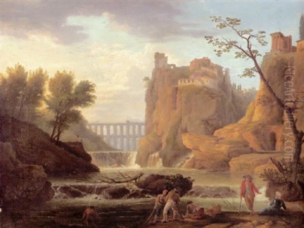 Italienische Landschaft In Klassischer Auffassung Mit Wasserfall, Felsenstadt Und Viadukt - view 1