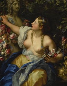 Portrait Of A Young Woman, Three Quarter Length, As Flora by Karel Van Vogelaer, Called Distelbloom