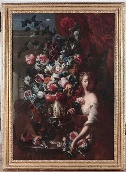 Trionfo Di Fiori In Un Vaso Dargento, Una Donna E Un Bimbo Di Spalle - view 1