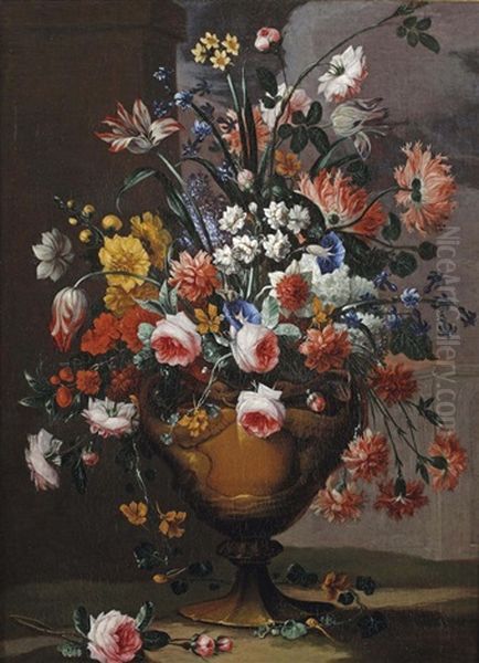 Peonies, Pink Roses, Lilies, Tulips, Daffodils And Other Flowers In A Vase, In A Park Landscape - view 1