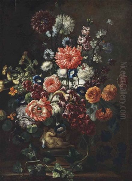 Poppies, Convolvulus, Foxgloves And Other Flowers In A Sculpted Urn On A Plinth - view 1