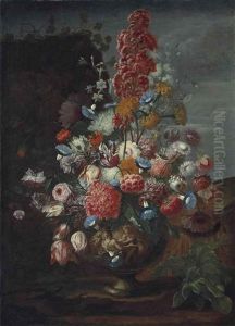 Carnations, Convolvulus, Tuberoses, Parrot Tulips, Roses And Other Flowers In A Sculpted Urn, In A Landscape by Karel Van Vogelaer, Called Distelbloom