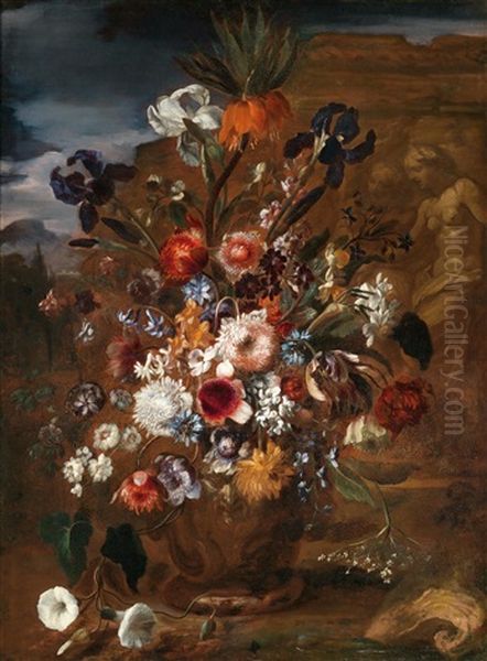 Blumenstillleben Mit Lilien, Narzissen, Winden Und Einer Kaiserkrone In Einer Vase Vor Einem Steinrelief - view 1