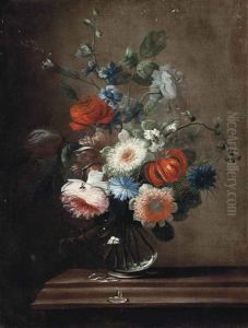 Roses, A Tulip, Corn Flowers, A Lilly And Hollyhocks In A Glass Vase On A Stone Ledge by Karel Van Vogelaer, Called Distelbloom