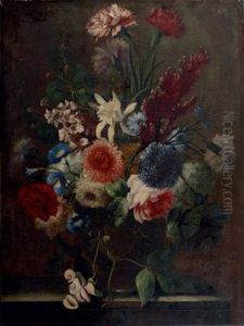 Bouquet De Fleurs Dans Un Vase Pose Sur Un Entablement by Karel Van Vogelaer, Called Distelbloom