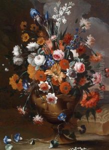 Ein Stillleben Aus Pfingstrosen, Rosen, Lilien, Tulpen, Narzissen Und Anderen Blumen by Karel Van Vogelaer, Called Distelbloom