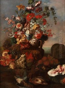 Grosses Blumenstilleben Mit Obst Und Erlegten Wildvogeln