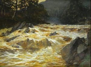 Waterfall In A Wooded Highland Landscape by Ernest Edward Briggs