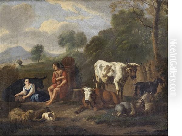 Drovers Resting With Their Flocks In An Italianate Landscape - view 1