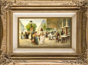 Pariser Strasenszene Mit Einer Dame Beim Blumenkauf Vor Einer Cafehaus-terrasse