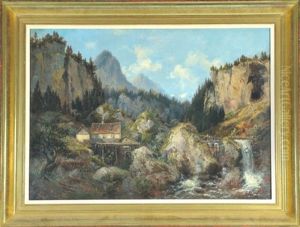 Berghutte Mit Muhle Am Wildbach In Felsiger Gebirgslandschaft by Adam Vogt